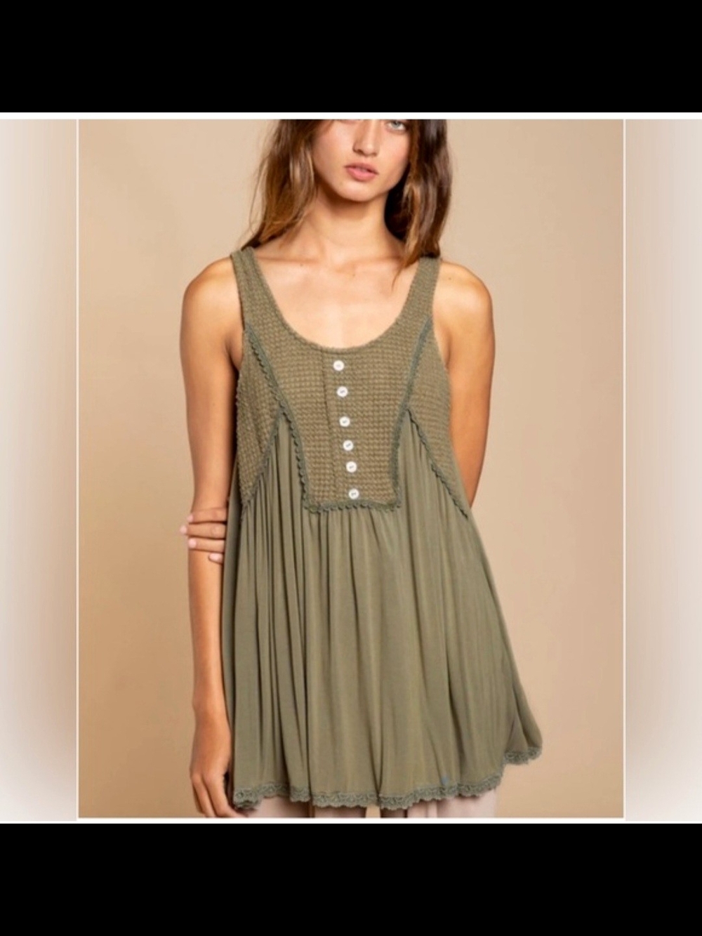 POL Olive Crochet Yoke Tank Top Sz S